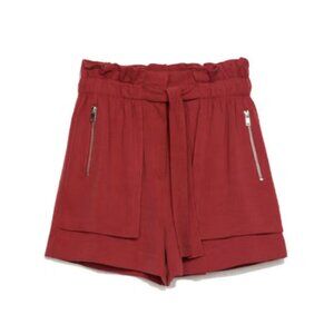 Zara Corduroy Burgundy Red Paperbag Tie Front Zip High Waist Shorts